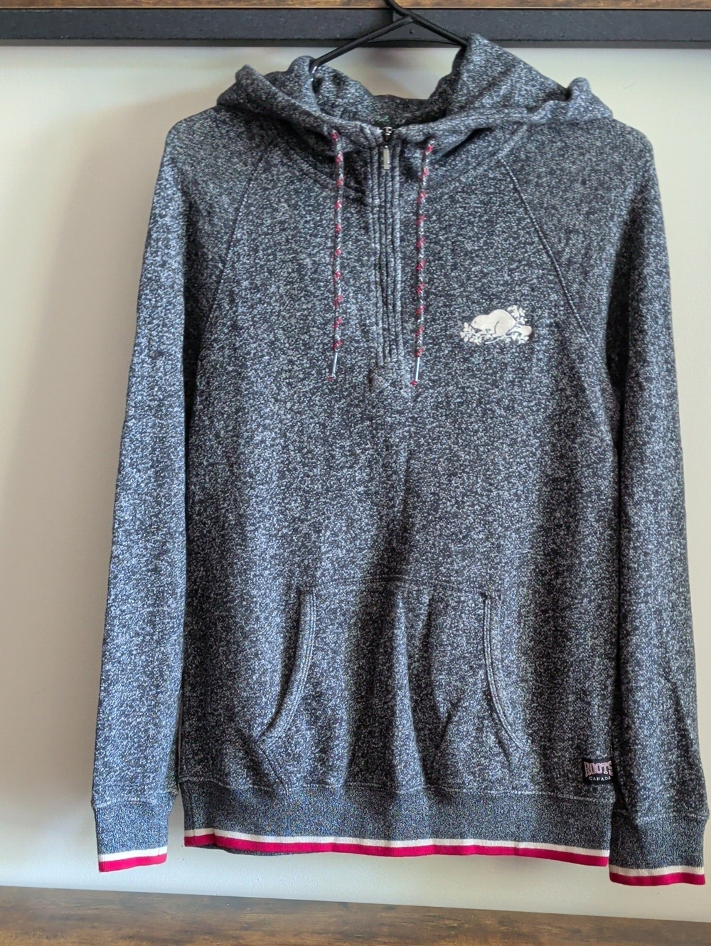 Roots Men’s Dark Heather Gray Quarter-Zip Hoodie Sweater with Contrast Trim